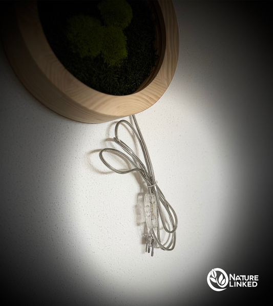 Anschlusskabel einer Wand-Lichtleuchte mit Stecker auf hellem Untergrund